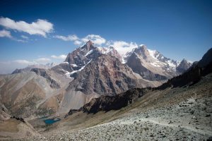 Descending from the Alaudin Pass to the Alauddin Valley in the Fann Mountains of Tajikistan.