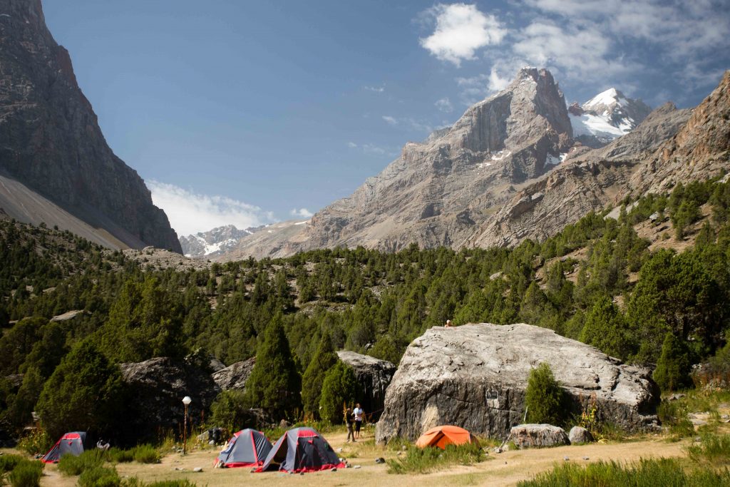Climbers camp just outside of the Vertikal Alauddin Alplager in the Fann Mountains of Tajikistan.