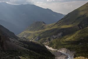 View down the Ak Sai River Valley from the climb to Ratsek Hut in Ala Archa